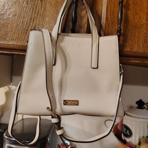 Cream Leather Satchel Handbag with Gold Plate